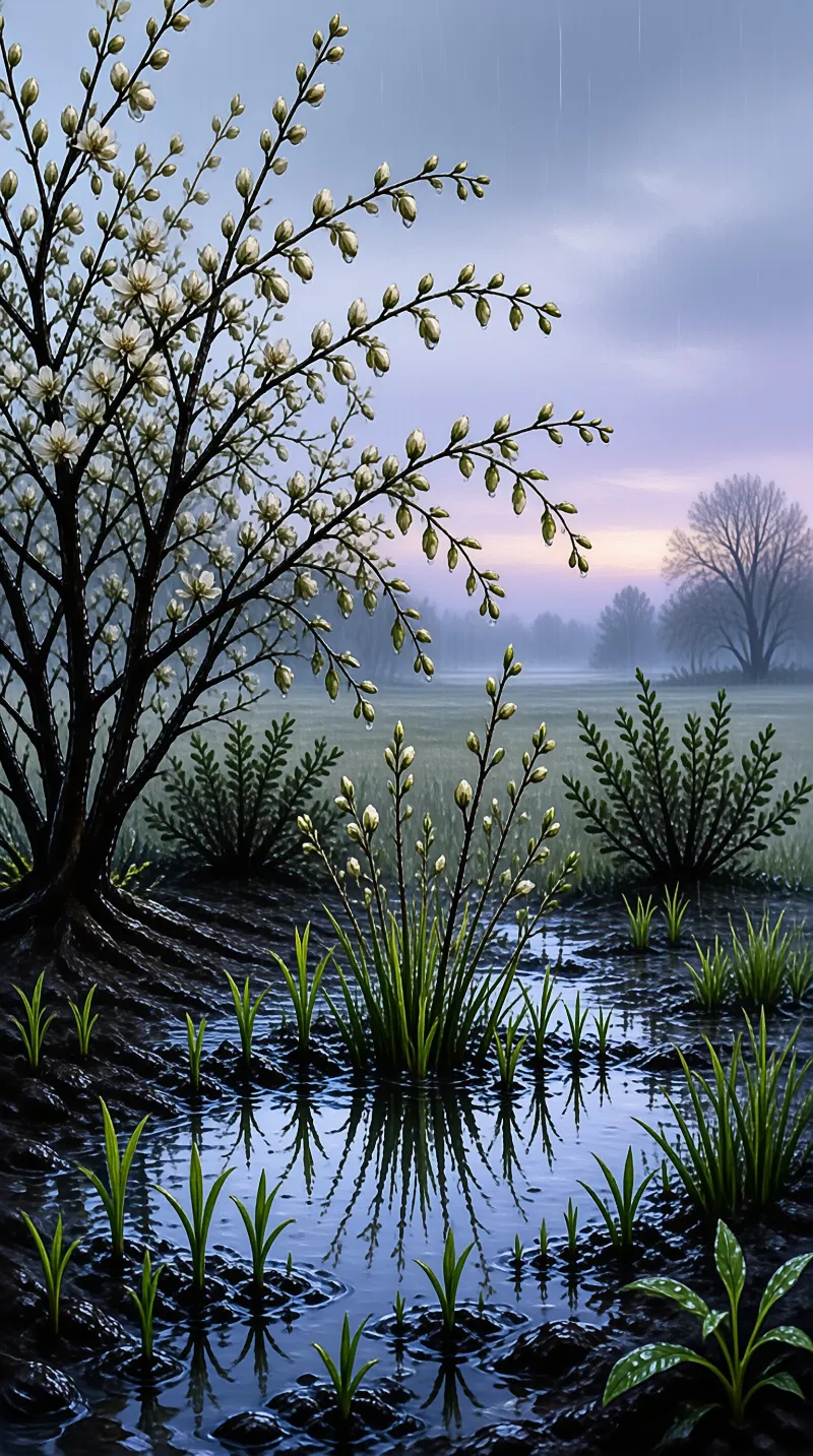A tree with white flowers stands in a wet field during rain with mist in the background.
