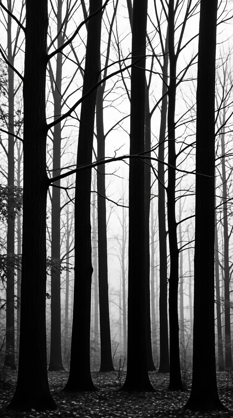 Tall dark tree trunks rise vertically through a thick white fog that obscures the distant background of the woodland.