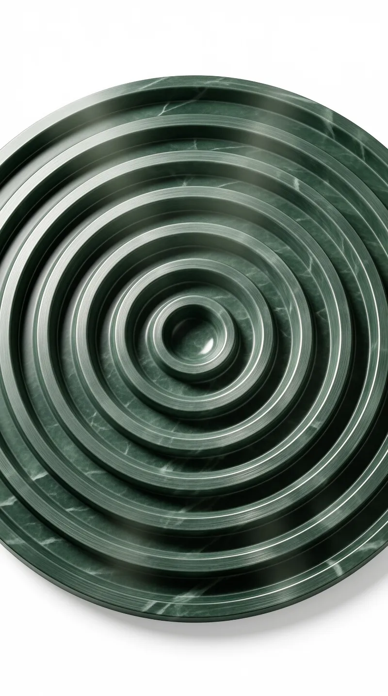A polished dark green marble spiral structure features concentric circular grooves with white veining under soft even lighting.