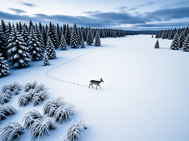 A single deer walks across a vast snowfield leaving footprints near evergreen trees under a cloudy sky.