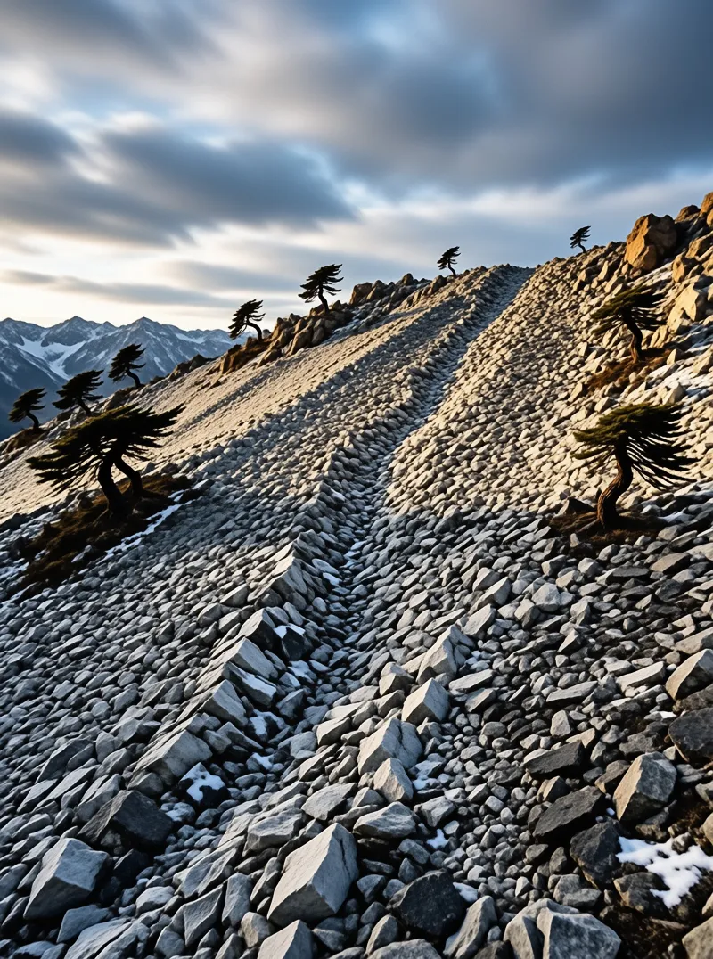 Stone ridge with sparse contorted trees catches warm low sunlight under blue grey clouds