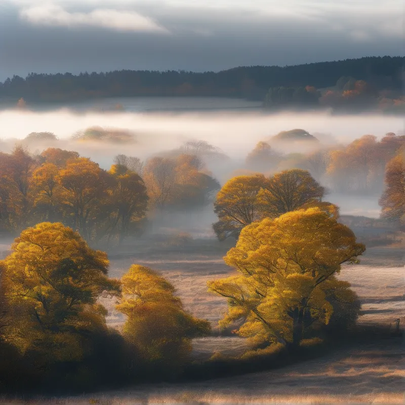 Vibrant yellow trees stand out against a thick blanket of fog covering a lake and distant hills in soft daylight.