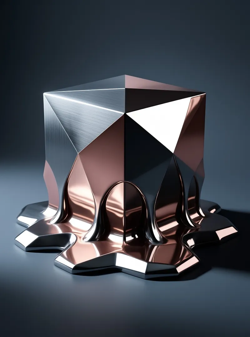 A reflective metal cube with sharp facets melts into a wavy liquid base on a dark grey surface.