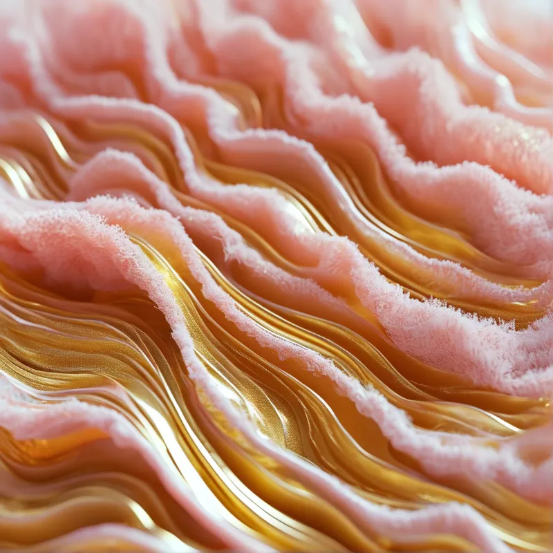 Rippling metallic gold surfaces contrast with fuzzy pink frosted edges under soft diffuse lighting.