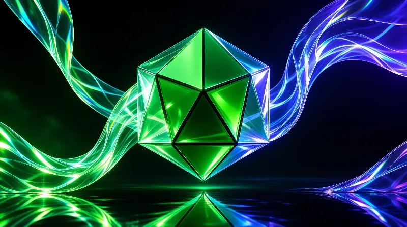 A glowing green polyhedron sits centered amidst flowing ribbons of blue and violet light against a black void.