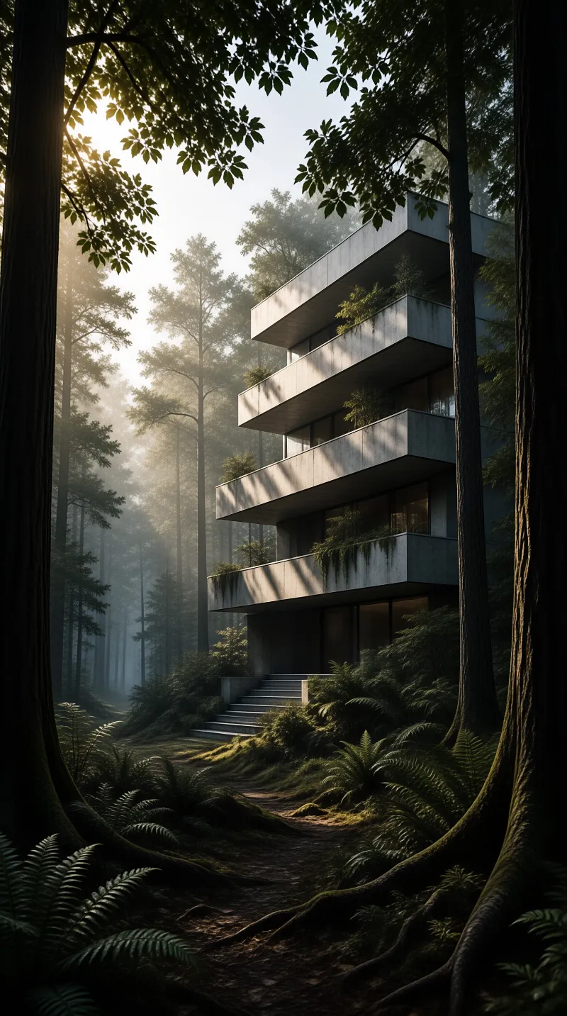 Villa surrounded by tall trees with sunlight filtering through mist illuminating a path leading to the entrance steps.