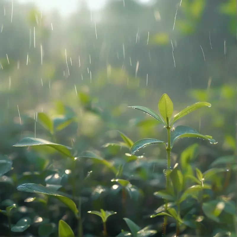 Sunlit Sapling in Rain