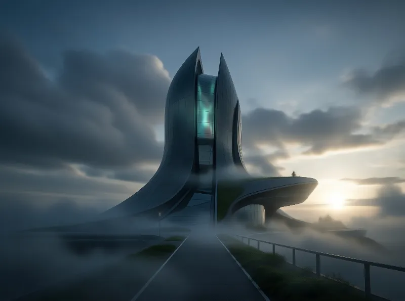 Futuristic Building in Mist