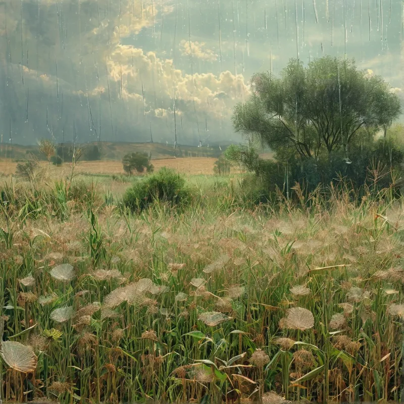 A rain shower falls on a field of delicate seed heads in front of a large leafy tree and distant fields under a cloudy sky.