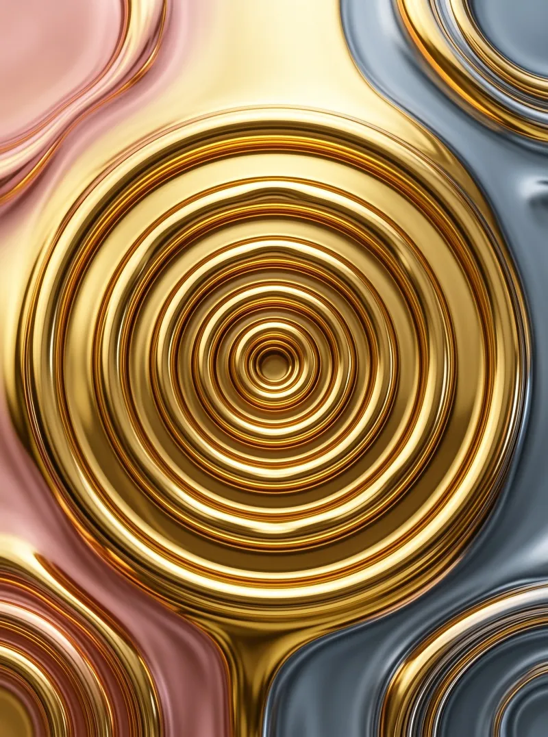 Shiny gold concentric rings surrounded by pink and silver fluid metal waves creating a reflective abstract pattern.