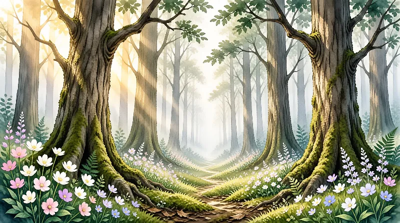 Mossy tree trunks flank a winding dirt path filled with wildflowers while sunlight filters through the misty forest canopy.