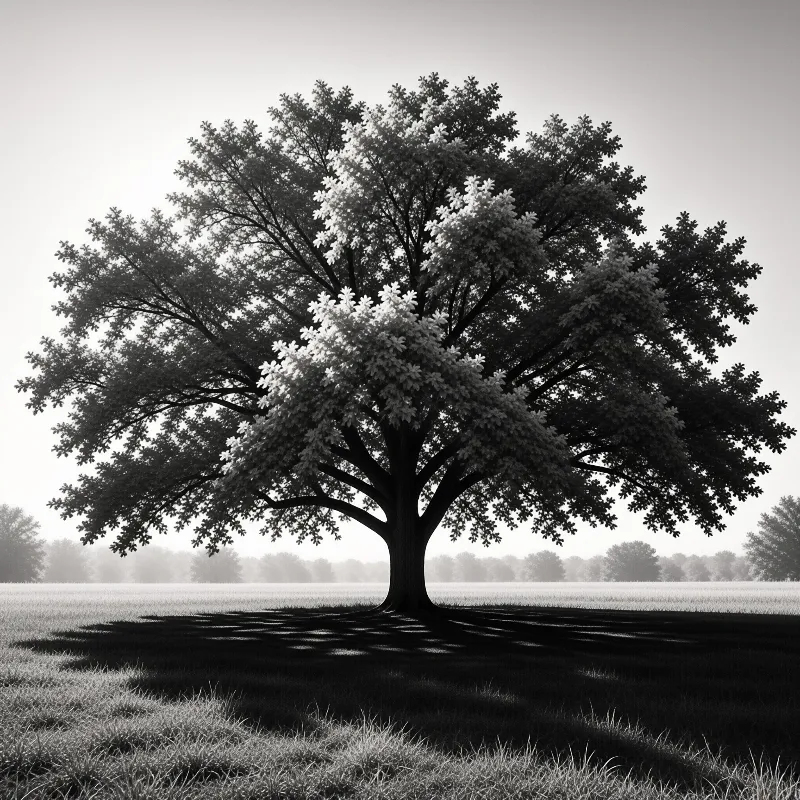 A large solitary tree stands in a foggy meadow, casting a dark shadow across the grass.