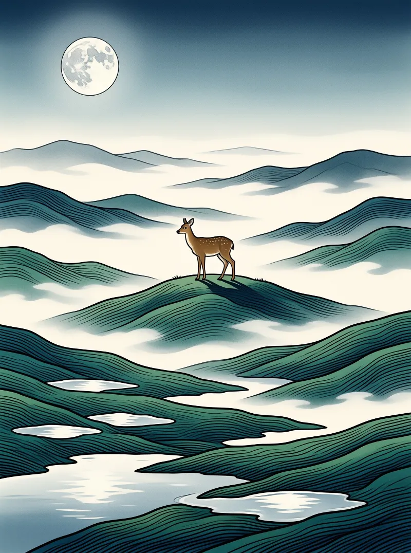 A spotted deer stands on a hilltop above layered mountains and clouds beneath a bright full moon in a night sky.