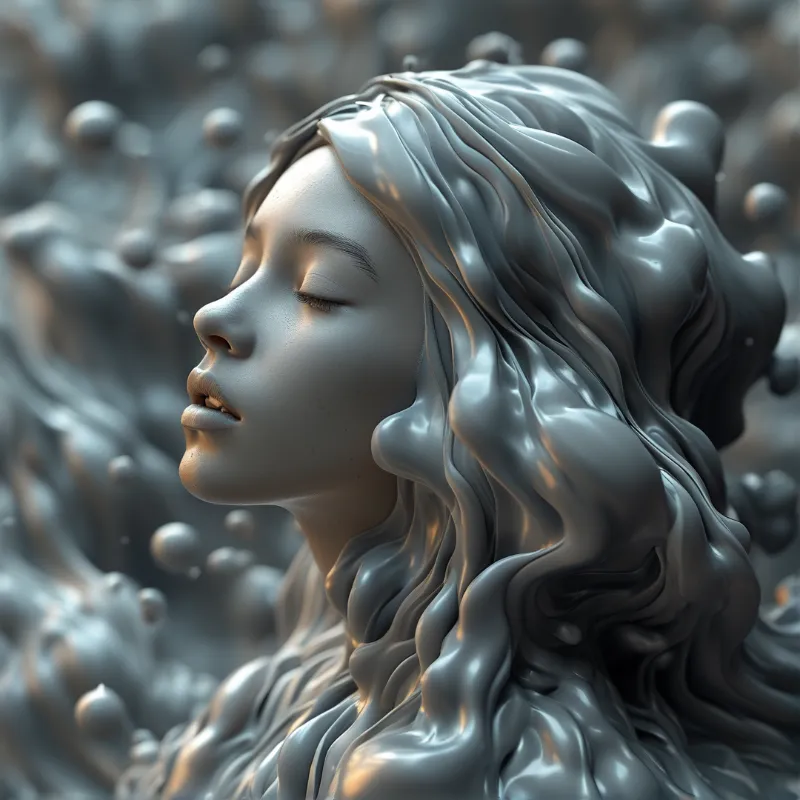 A serene grey metallic statue with long flowing hair and closed eyes set against an abstract bubbly background.