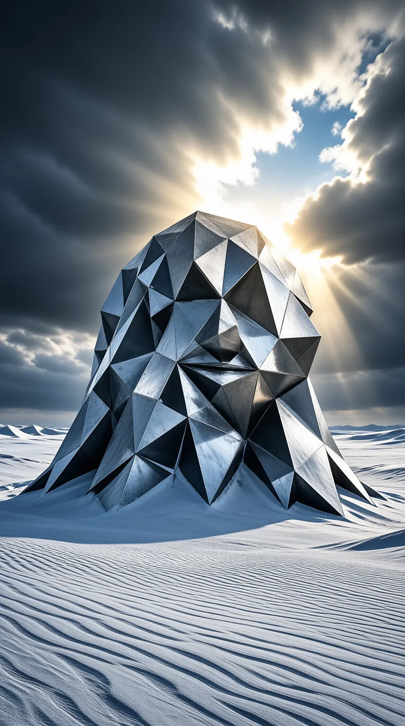 Two sloping metal walls lean toward each other over an empty tiled plaza, framing a glowing faceted opening at dusk.