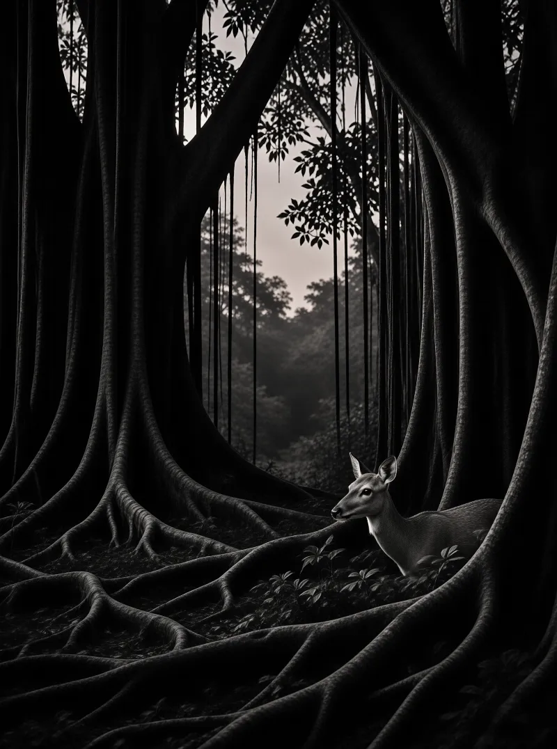 A soft fawn sits nestled between the thick hanging aerial roots of an old monochrome banyan tree in shadowed forest