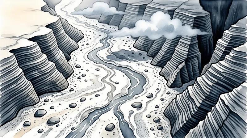 A watercolor painting of a layered canyon with a meandering river, pale sunlit clouds hover over the stony riverbed below.