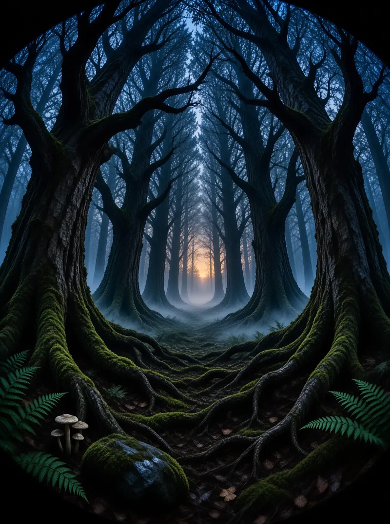 Dense forest of towering trees with mossy roots creates a misty tunnel leading to a warm glowing light.