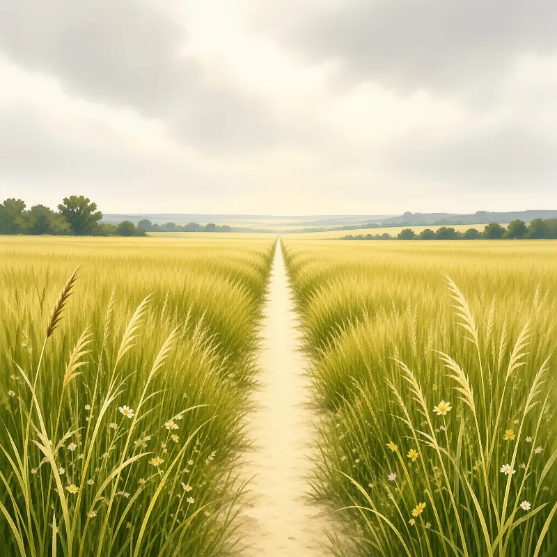 A narrow trail of pale sand cuts straight through a tall golden field toward the horizon
