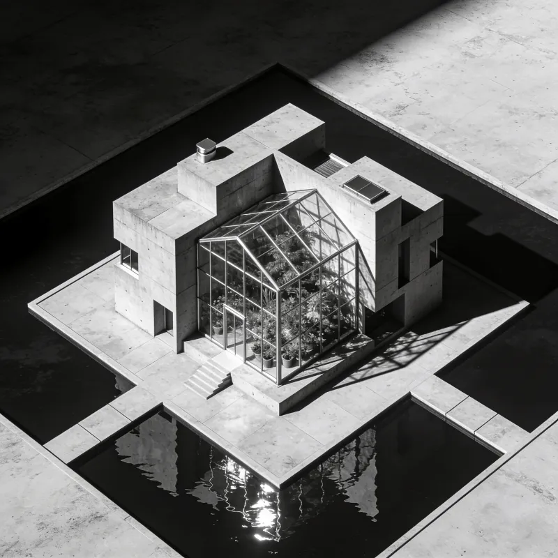 Greenhouse with Brutalist Massing — Reflecting Pool