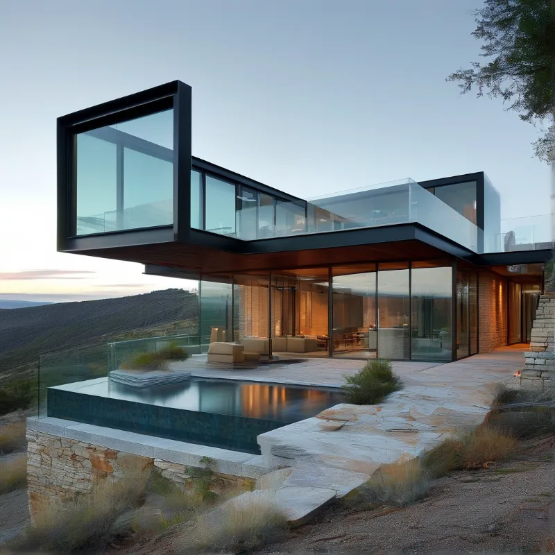 A sleek modern glass house cantilevers over a rocky cliff edge beside a mirror infinity pool glowing at dusk