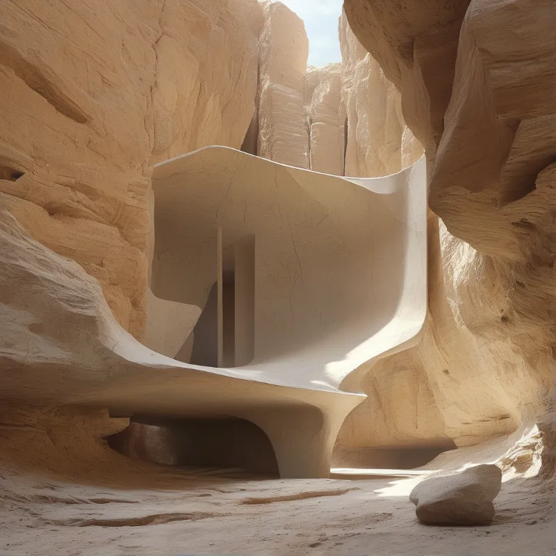 A curved white architectural structure rests inside a narrow desert canyon where warm sunlight illuminates the layered rock walls and sandy floor.