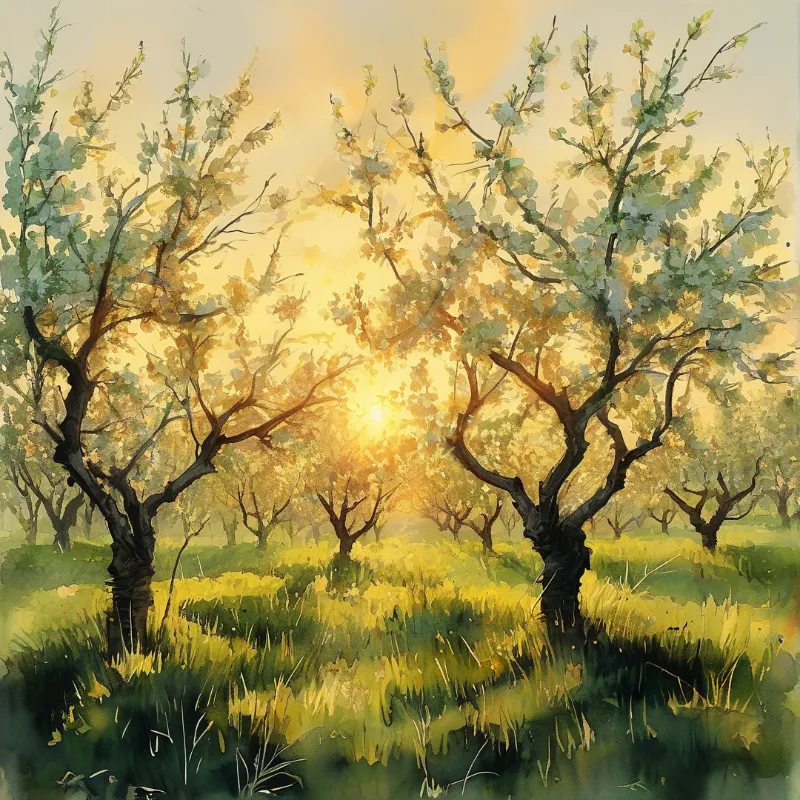 Loose painted orchard rows glow beneath a pale golden dawn with dark trunks framing a field of green grass
