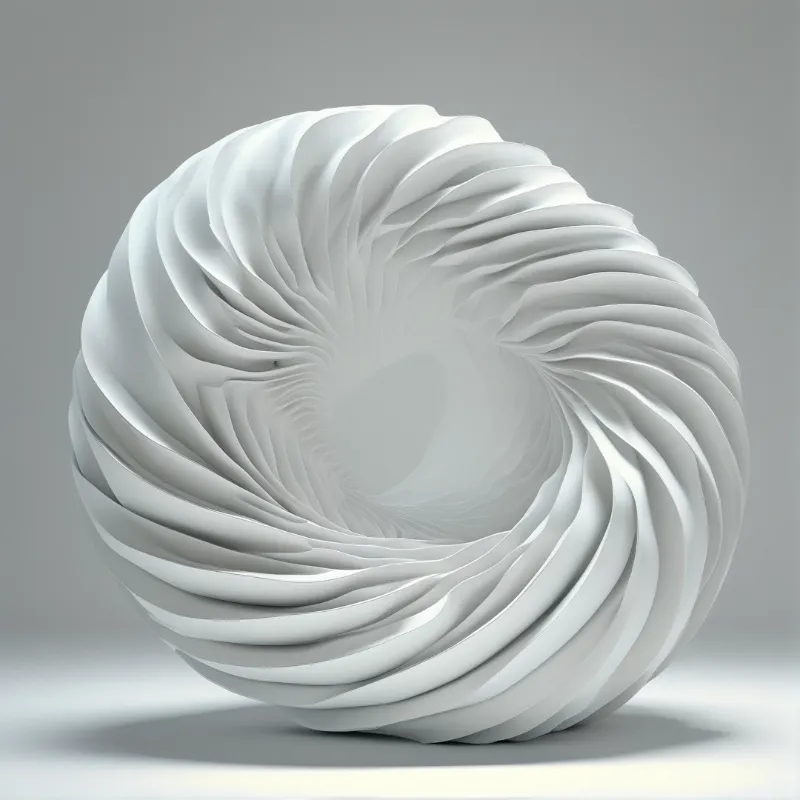 A three-dimensional white object with swirling folds sits on a plain gray surface under soft lighting.