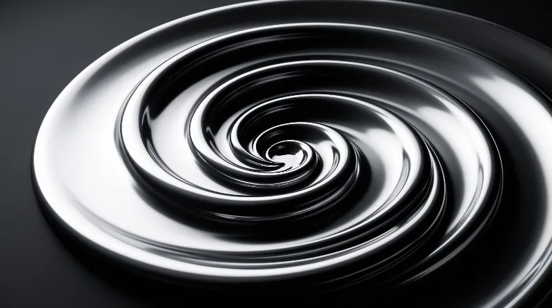 A glossy spiral of black and white liquid metal twists inward against a dark gradient surface with sharp reflections.