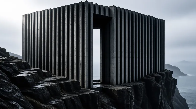 A monolithic brutalist structure of vertical concrete fins stands on a rocky cliff above a foggy sea.