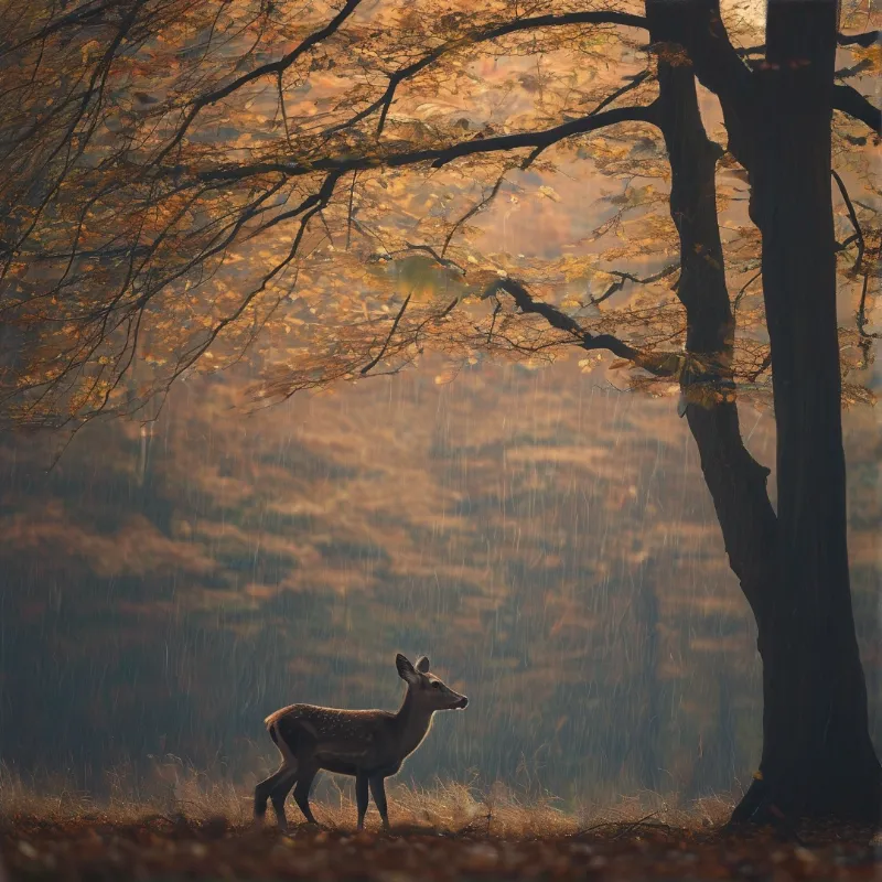 A lone deer stands in profile beneath rain falling through a golden-lit autumn forest framed by a dark tree trunk.
