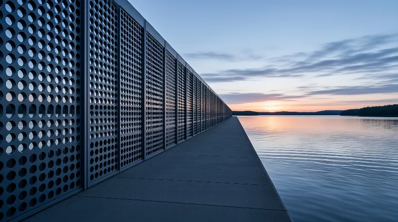 A long pier with perforated metal side panels extends over calm lake water during the orange and blue dusk.
