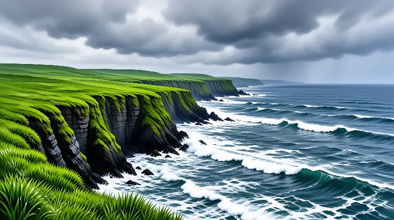 Lush green headlands rise above crashing waves and dark rocks beneath a brooding overcast sky.