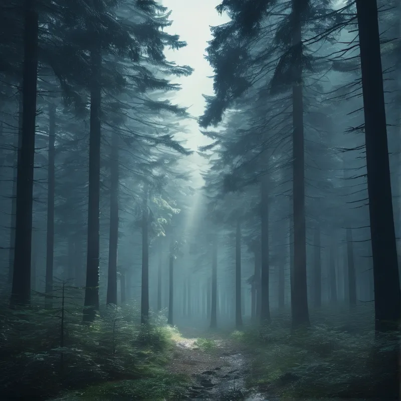 Sunlit Misty Conifer Forest