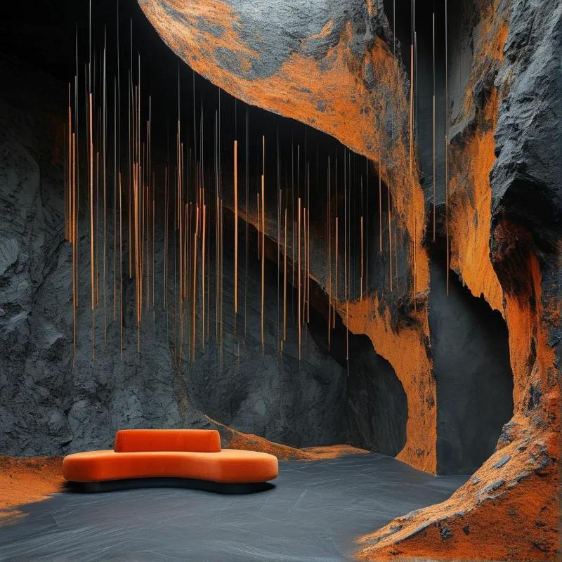 A low curved orange sofa rests on the dark floor of a rocky cavern filled with long hanging golden rods.