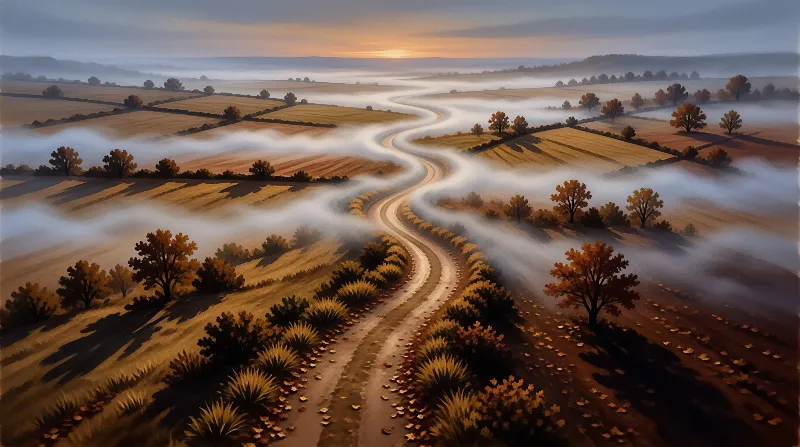 A pale road curves between harvested fields as ribbons of morning fog drift over the rolling hills.