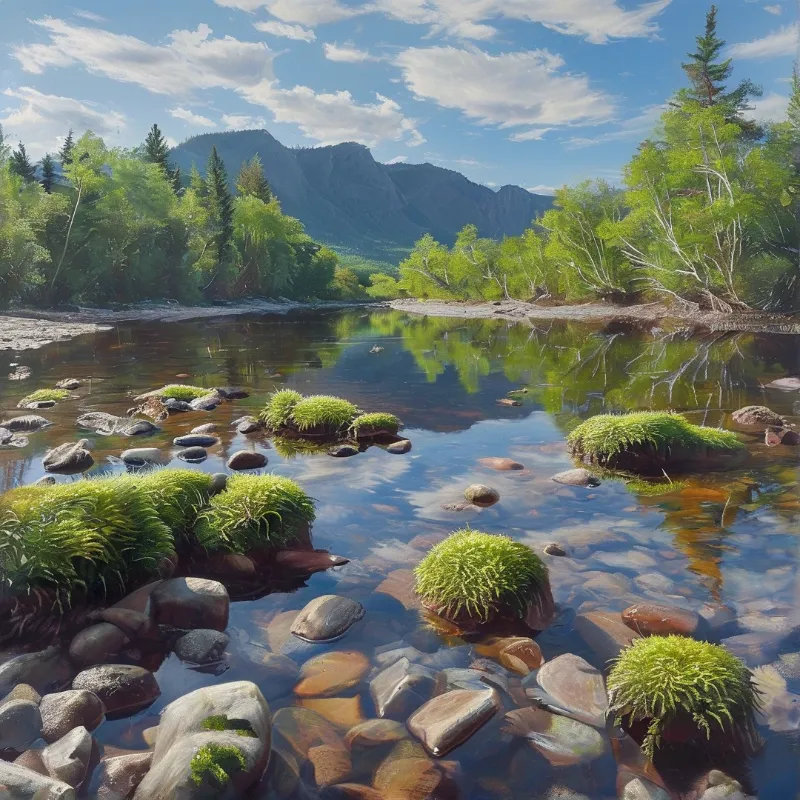 A shallow river flows over smooth stones topped with bright green moss near a forest.