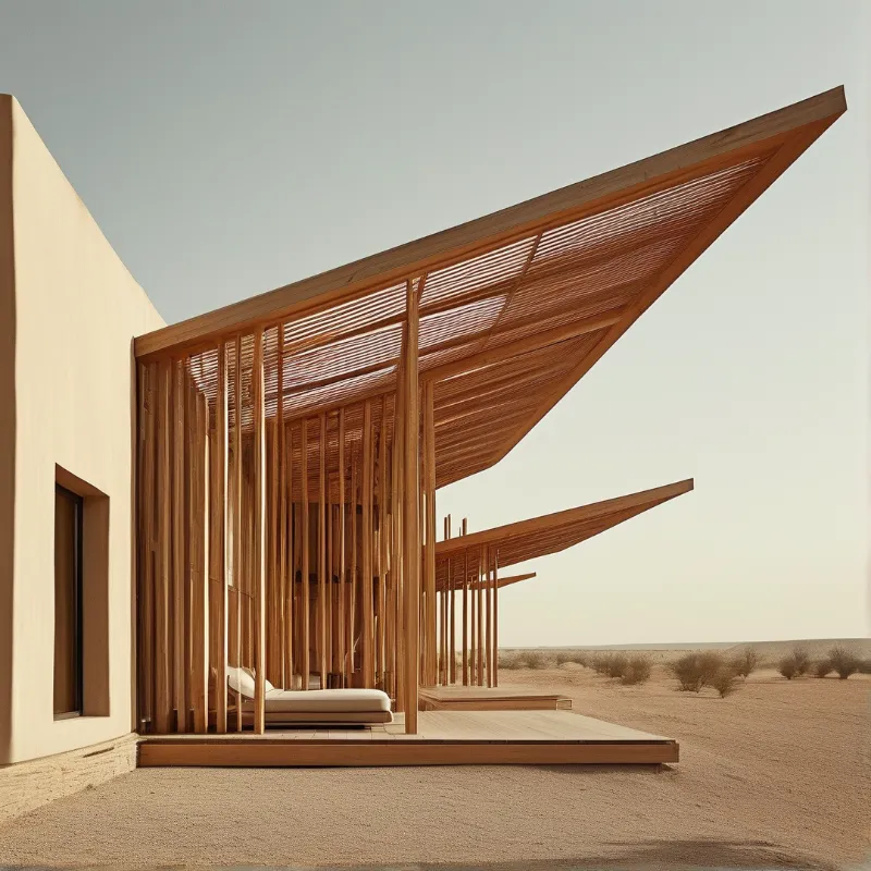 Angled wooden slats form a sweeping shade roof over a desert daybed, with adobe walls and scrub plain beyond.