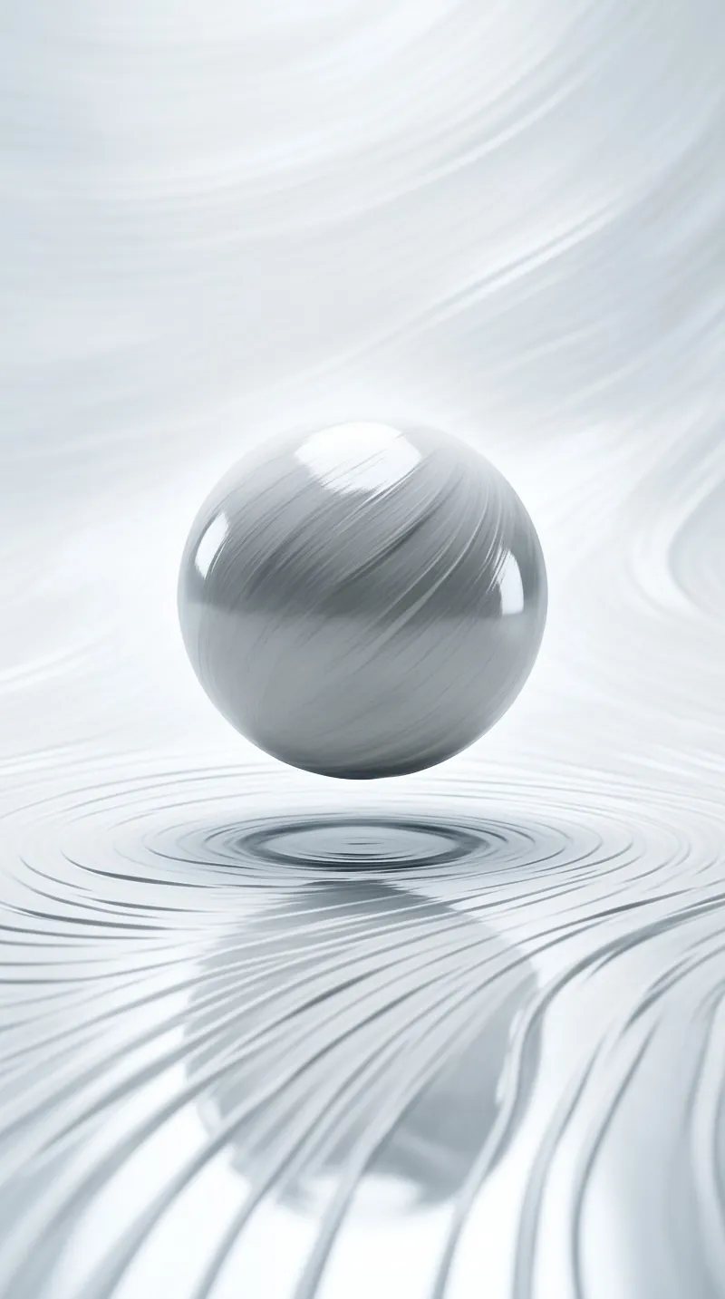A glossy silver ball hovers over concentric ripples in a mirror-like metallic surface.