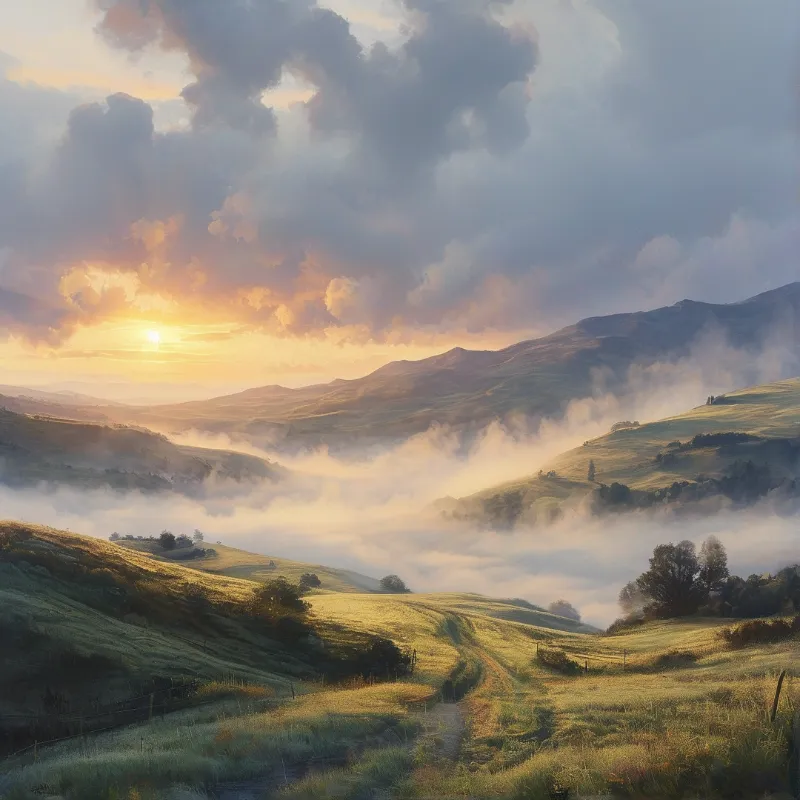 A winding dirt track leads up lush green slopes while thick fog fills the valleys beneath a bright glowing sky.