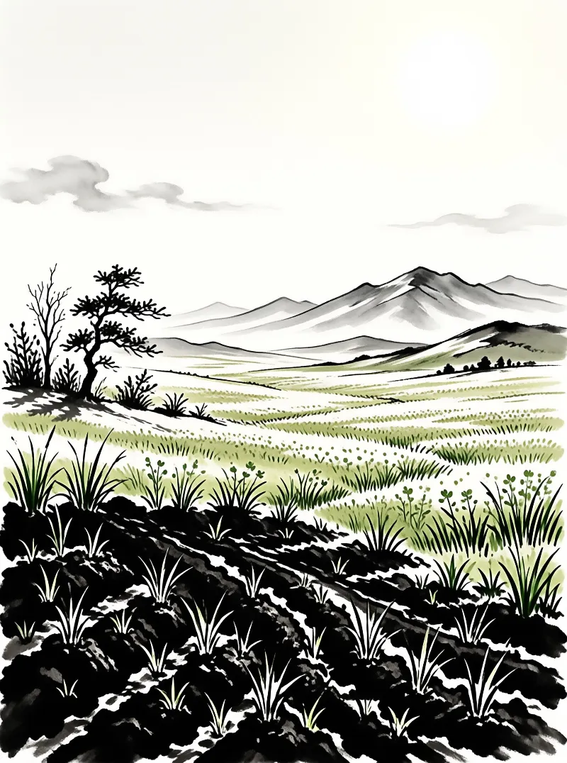 A brush-painted valley of pale grasses and dark furrows leads toward layered gray peaks under an empty sky.