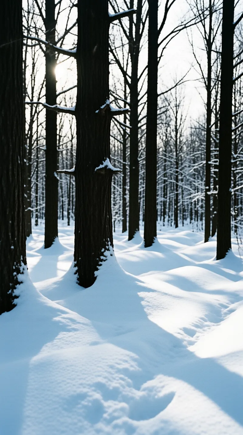 Dark vertical tree trunks rise from mounds of white snow while strong rays filter through the upper branches.
