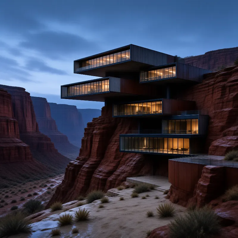 A multi-story cantilevered residence on red rock cliffs at dusk with glowing windows