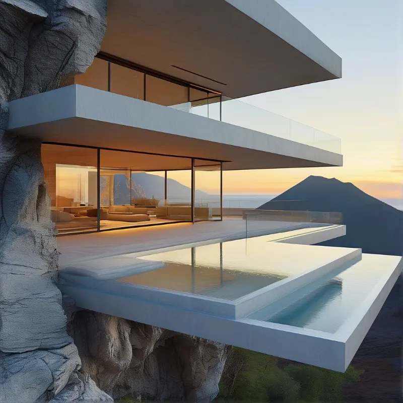 A concrete house built into a cliff features large glass walls and an infinity pool reflecting the sunset light.