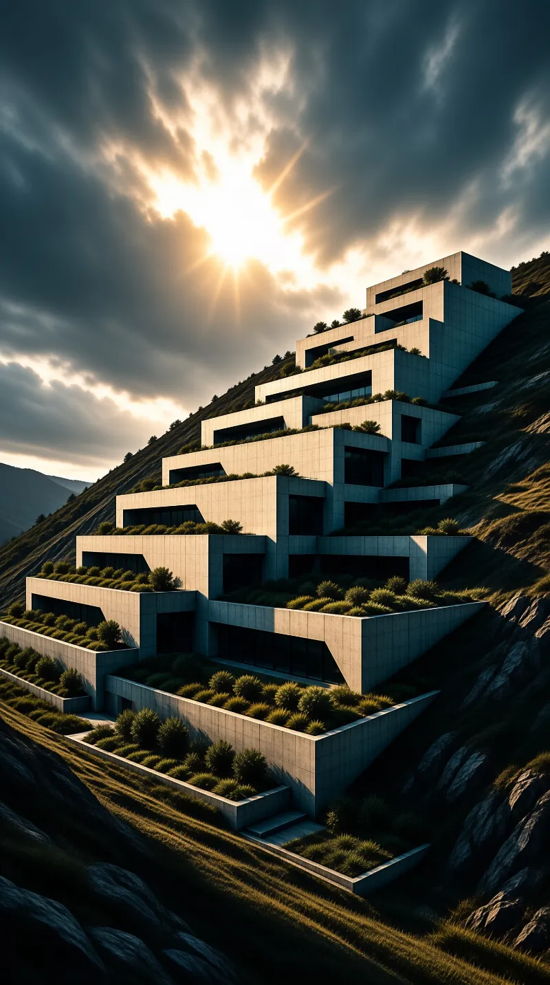 A massive tiered building with green roofs climbs a steep grassy slope while the sun bursts through clouds behind it.