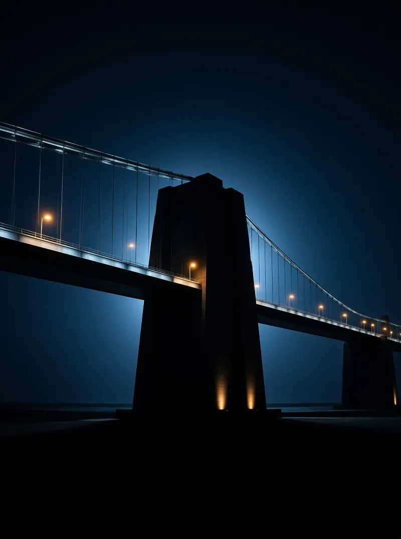 Large bridge structure silhouetted against deep blue night sky with warm lights along the span.