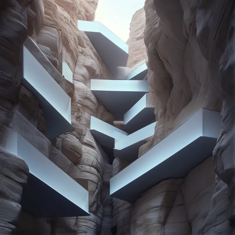 Sharp-edged white slabs jut from layered sandstone walls, illuminated by overhead sunlight in a confined canyon.