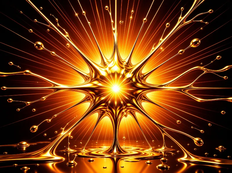 Liquid metal rays spread outward from a blazing core, dripping beads onto a glossy floor.
