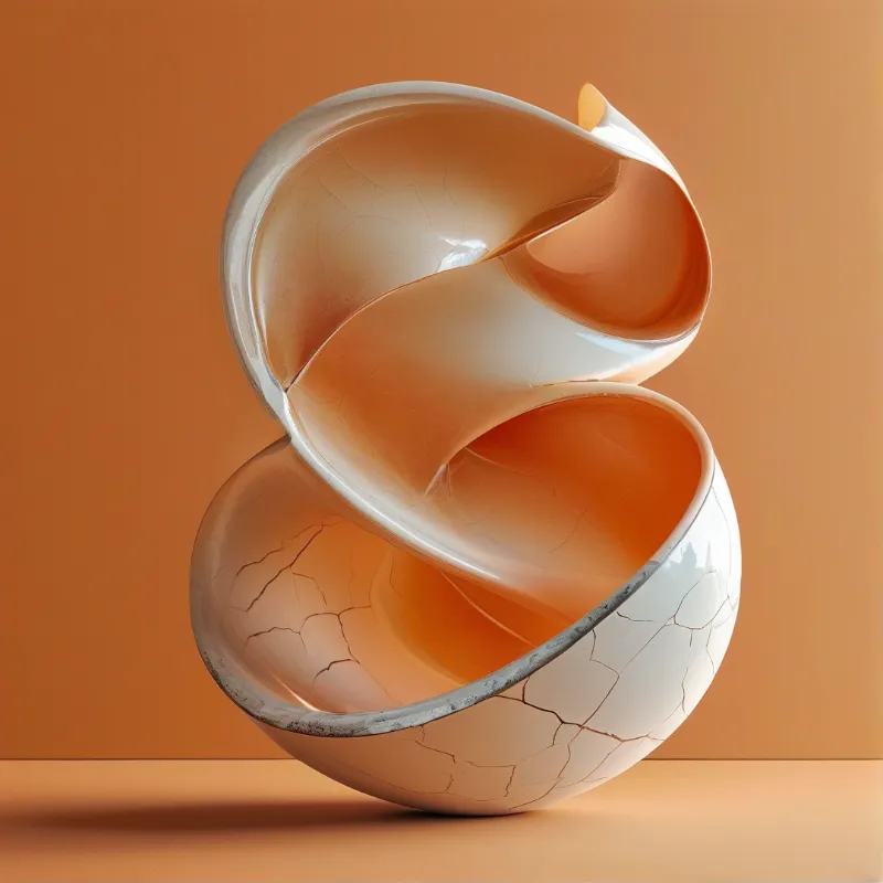 Two hollow loops of white crackled ceramic join in a twisted figure eight on a peach backdrop.