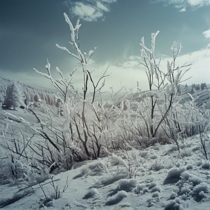 Frosted shrubs and bare branches rise from a snow covered hillside with a frosty forest and cloudy blue sky in the background